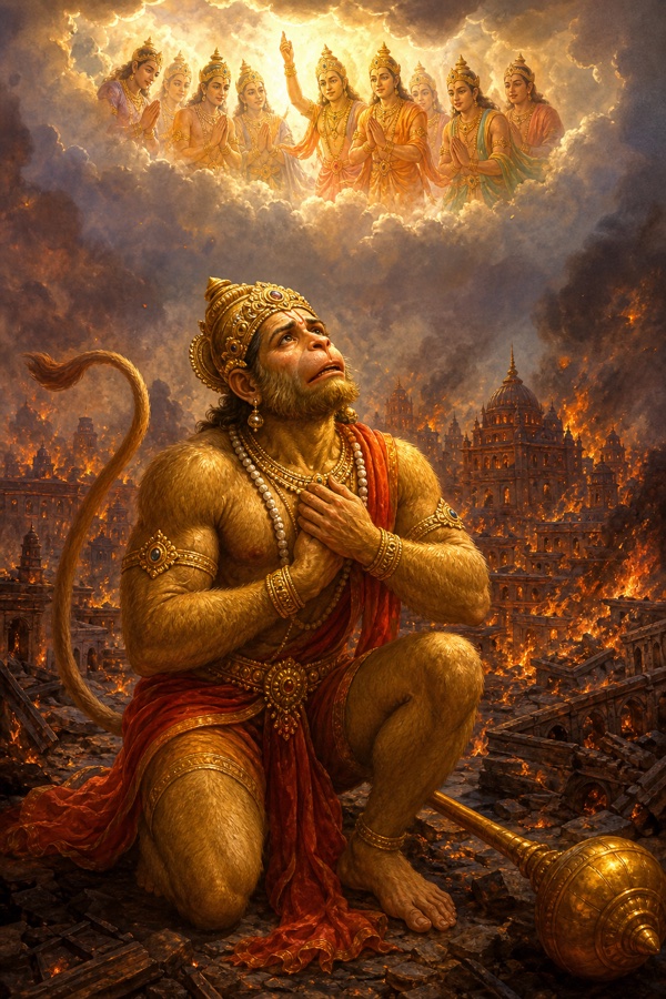 जलती लंका के बीच हनुमान हृदय पर हाथ रखे आकाश में देवताओं को निहारते हुए।