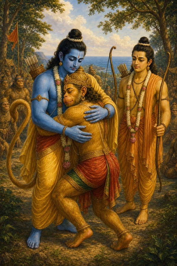 राम हनुमान को हृदय से लगाते हुए, पास में धनुष लिए लक्ष्मण, पीछे वानर सेना और समुद्र।