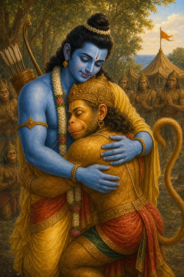 राम मुकुटधारी हनुमान को स्नेह से आलिंगन में लेते हुए, पीछे शिविर में खड़े वानर।