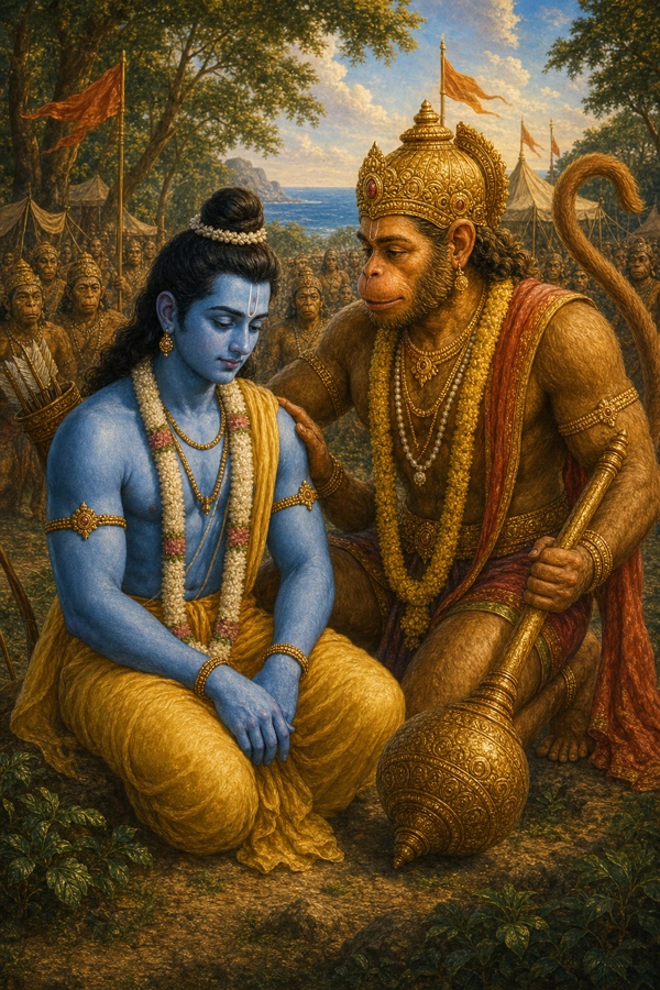 भूमि पर बैठे चिंतित राम के कंधे पर हाथ रखकर गदाधारी हनुमान उन्हें धीरज बंधाते हुए।