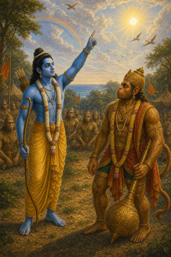 राम आकाश की ओर उंगली उठाकर हनुमान से बात करते हुए, चारों ओर बैठी वानर सेना।