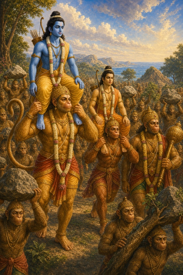 हनुमान के कंधों पर राम और दूसरे वानर के कंधों पर लक्ष्मण, समुद्र की ओर बढ़ती वानर सेना।