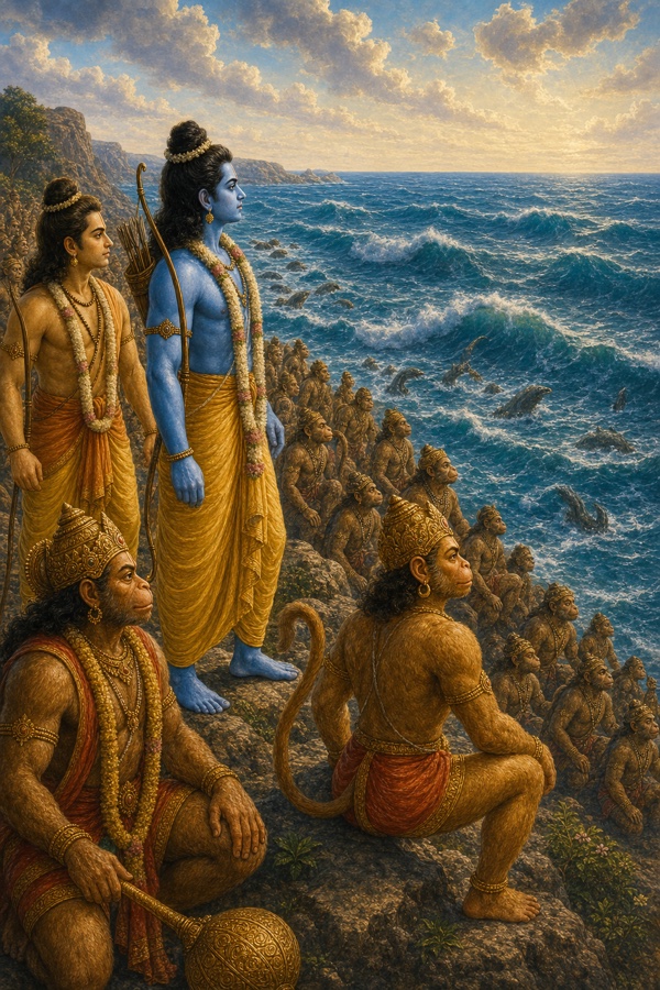 चट्टानी तट पर खड़े राम और लक्ष्मण उफनते सागर को निहारते हुए, नीचे बैठे असंख्य वानर।