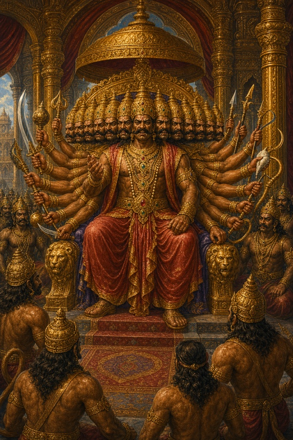 स्वर्ण सभा में सिंहासन पर बैठा दस सिरों और अनेक भुजाओं वाला रावण, सामने बैठे राक्षस।