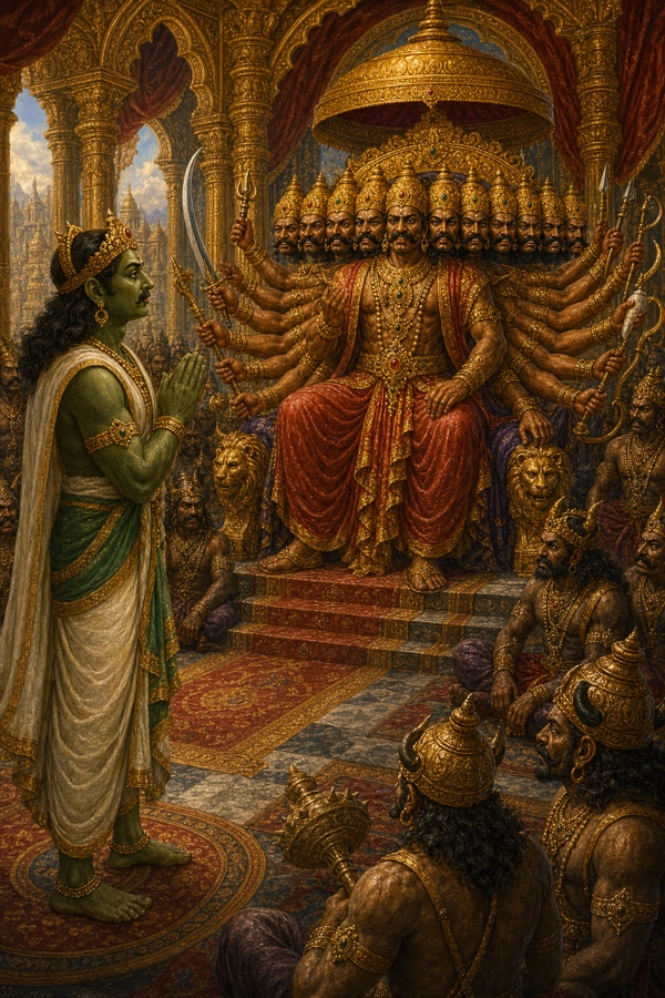 रावण के दरबार में हाथ जोड़कर खड़े विभीषण, सिंहासन पर बैठा दशानन क्रुद्ध मुद्रा में।