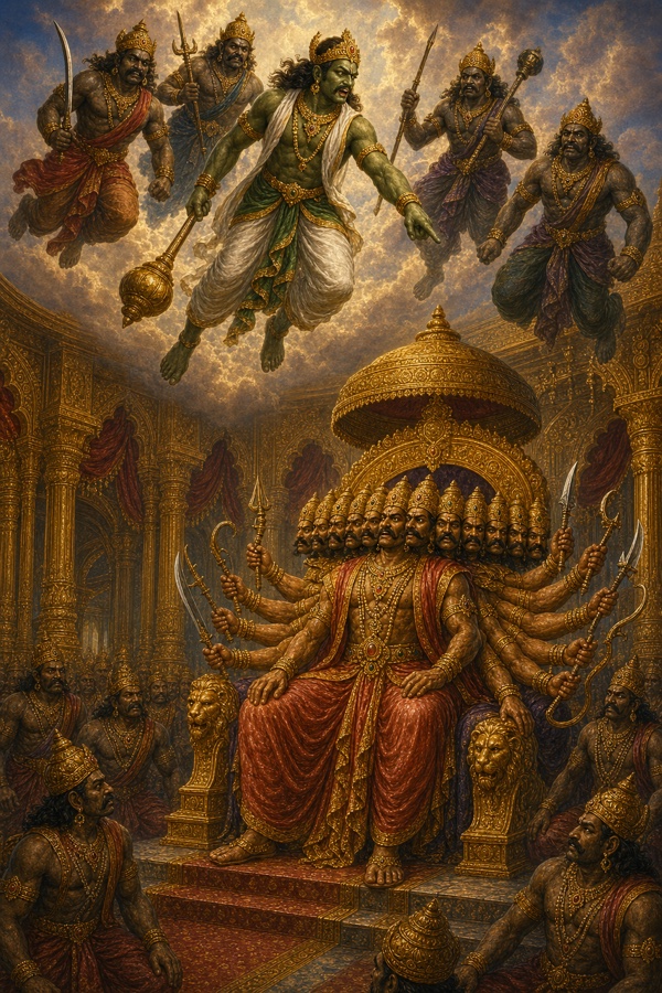 चार साथियों सहित आकाश में उड़ते विभीषण, नीचे स्वर्ण महल में सिंहासन पर बैठा रावण।