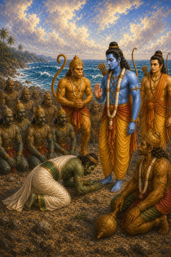समुद्र तट पर राम के चरणों में झुके विभीषण, राम अभय मुद्रा में, पास खड़े हनुमान।