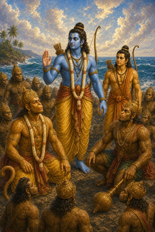 समुद्र तट पर अभय मुद्रा में खड़े राम, चारों ओर बैठे वानर प्रमुख विचार करते हुए।