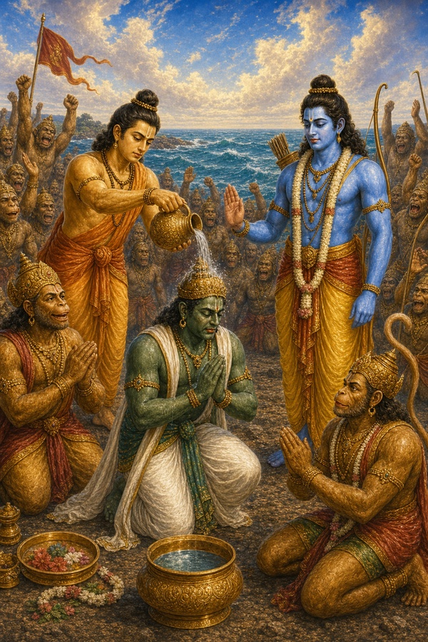 लक्ष्मण कलश से जल धार गिराकर हाथ जोड़े बैठे विभीषण का राजतिलक करते हुए, राम आशीर्वाद देते।