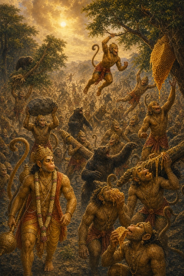मधु के छत्तों से मधु चखते और उछलते कूदते वानर, आगे गदा लिए हनुमान खड़े।