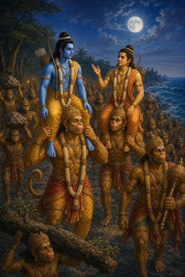 पूर्णिमा की रात हनुमान के कंधे पर राम और दूसरे वानर के कंधे पर लक्ष्मण, चलती सेना।