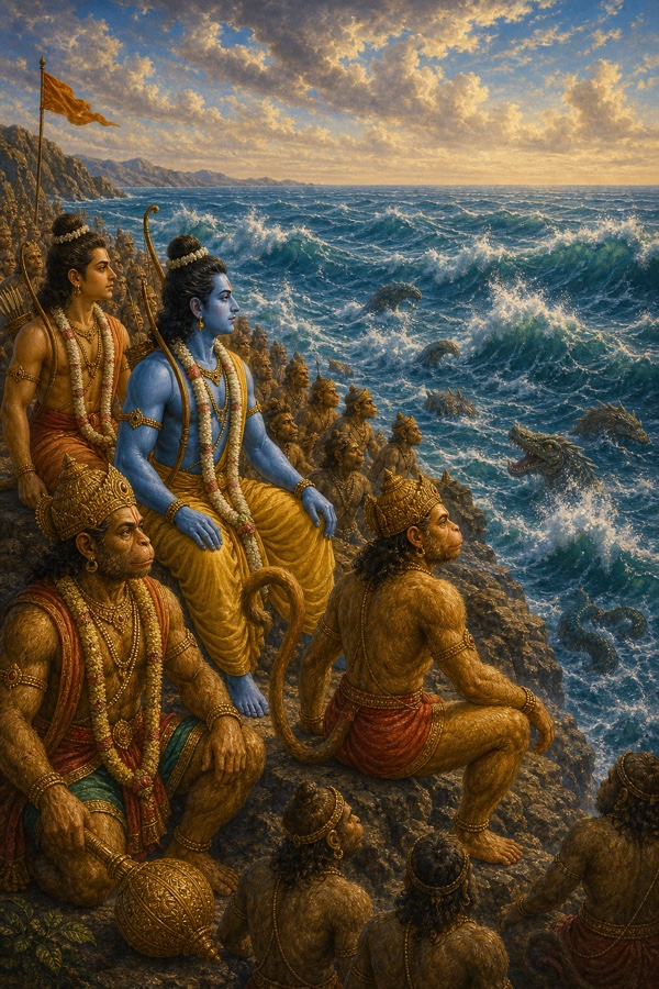 तट की चट्टान पर बैठे राम उफनते समुद्र को निहारते, पास लक्ष्मण और हनुमान बैठे।