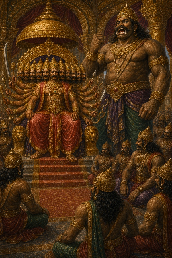 रावण की सभा में मुट्ठी तानकर गरजता विशाल राक्षस, सिंहासन पर बैठा दशमुख रावण।