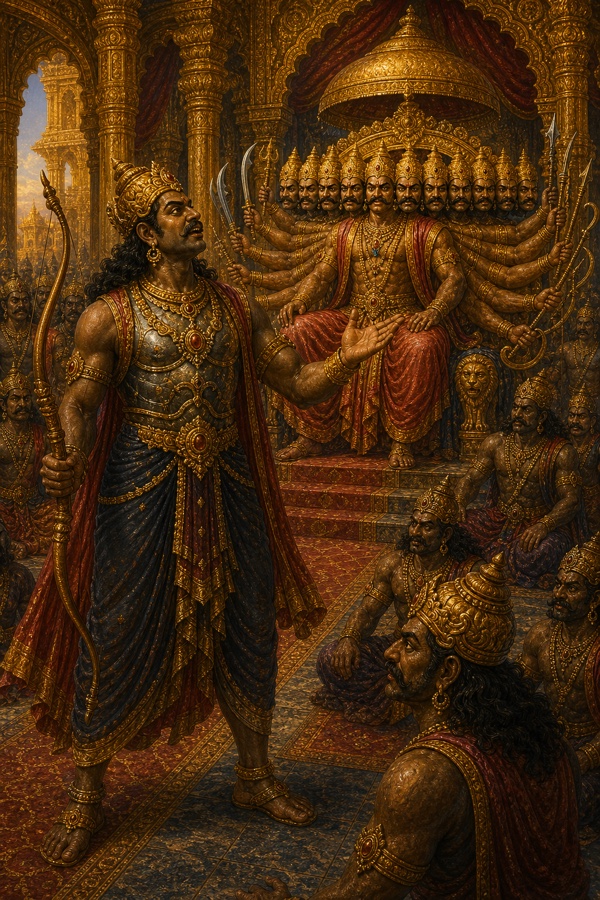 धनुष लिए कवचधारी राक्षस योद्धा सभा में रावण के सम्मुख खड़ा, रावण हाथ उठाकर बोलता हुआ।