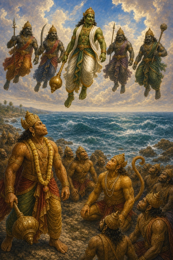 समुद्र के ऊपर आकाश में चार राक्षसों संग उड़ते विभीषण, नीचे तट से देखते हनुमान और वानर।