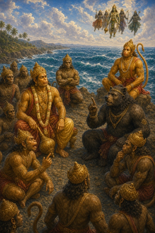 तट पर वानर सभा में तर्क करते रीछराज जांबवान और वानर, आकाश में दूर विभीषण का दल।