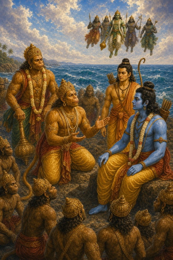 राम के सम्मुख घुटने टेककर हाथ फैलाए अपना मत रखते हनुमान, आकाश में विभीषण का दल।