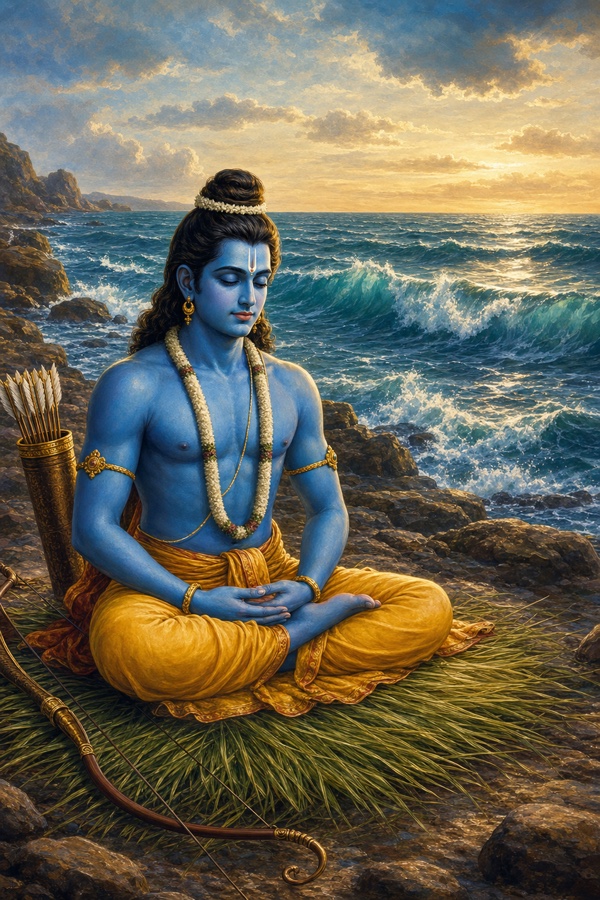 समुद्र तट पर कुश घास के आसन पर ध्यानमग्न बैठे राम, पास धनुष और तरकश रखे।