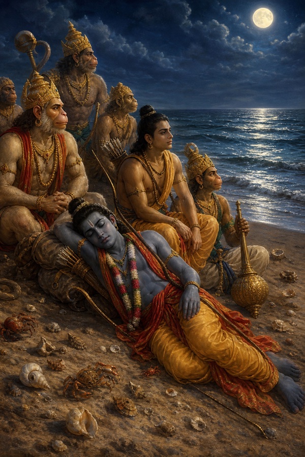 चांदनी रात में बालू पर विश्राम करते राम, पहरा देते लक्ष्मण, हनुमान और अन्य वानर।