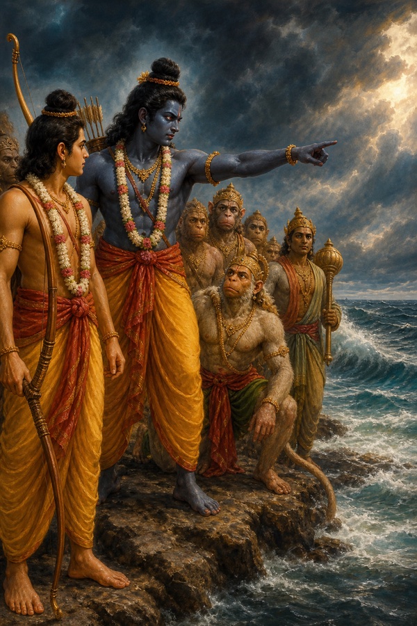 तूफ़ानी समुद्र की ओर बांह उठाकर संकेत करते क्रुद्ध राम, साथ लक्ष्मण और झुके हुए वानर।