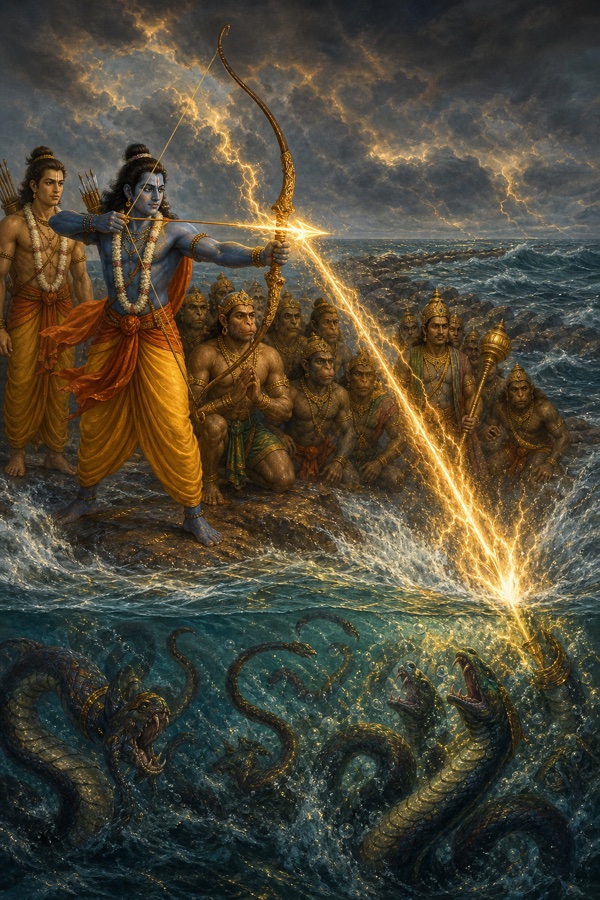 राम अग्निमय बाण से समुद्र पर संधान करते हुए, जल के भीतर व्याकुल नाग और जलजीव।