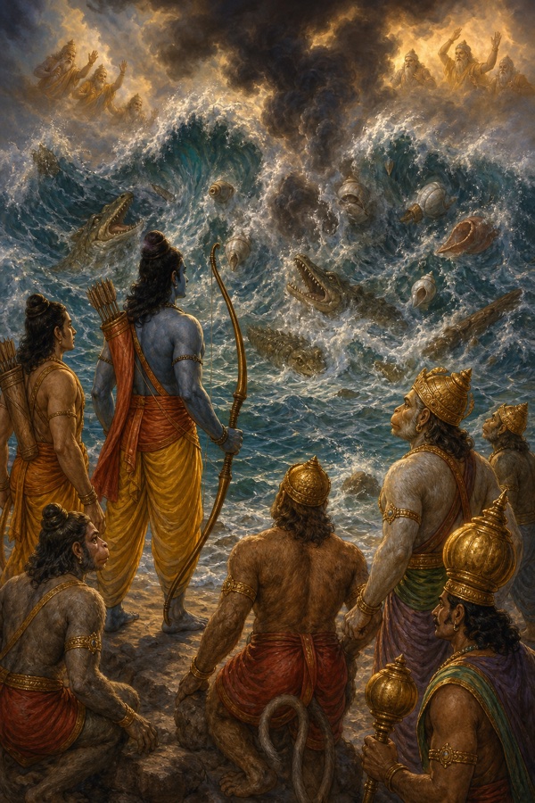 राम के बाण के तेज से खौलता उफनता समुद्र, भयभीत जलजीव, तट से देखते लक्ष्मण और वानर।