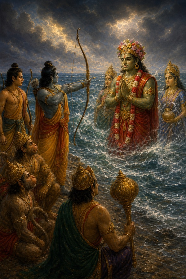लहरों से हाथ जोड़े प्रकट हुए समुद्र देव, सम्मुख धनुष ताने राम, तट पर विस्मित वानर।