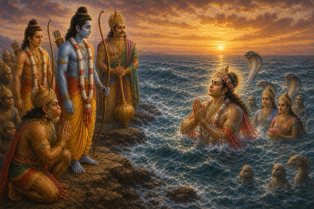 सूर्योदय के समय जल में हाथ जोड़े खड़े समुद्र देव और उनकी रानियां, तट पर राम।