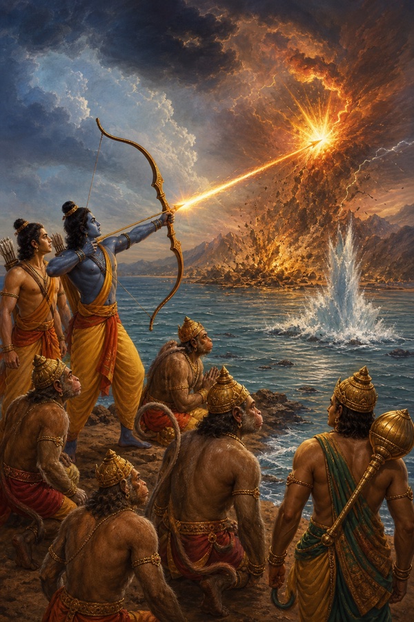 राम का छोड़ा बाण दूर मरुभूमि पर अग्नि विस्फोट करता हुआ, तट से देखते चकित वानर।
