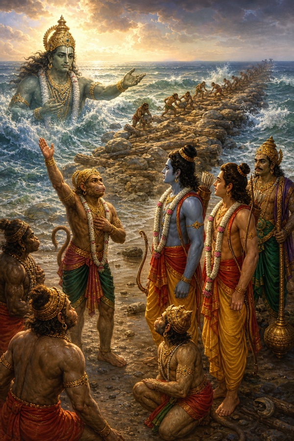समुद्र देव विशाल रूप में सेतु मार्ग दिखाते हुए, वानर लकड़ी और पत्थर जोड़ने में जुटे।