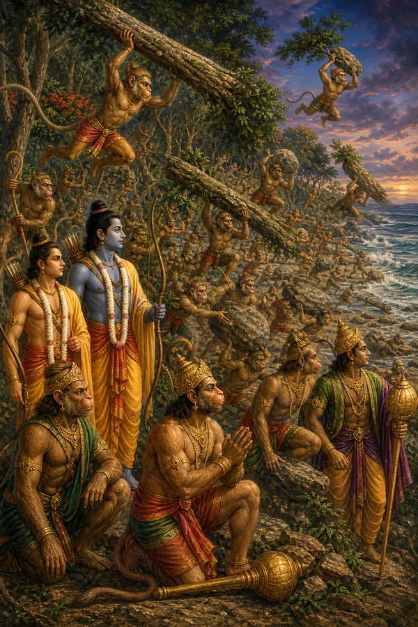 पहाड़ी वन से वृक्ष और शिलाएं ढोकर समुद्र की ओर लाती वानर सेना, राम देखते खड़े।