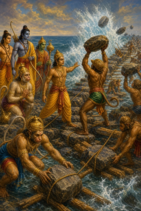 सेतु निर्माण का निर्देश देते वानर शिल्पी नल, वानर रस्सों से बंधी शिलाएं और शहतीर बिछाते।