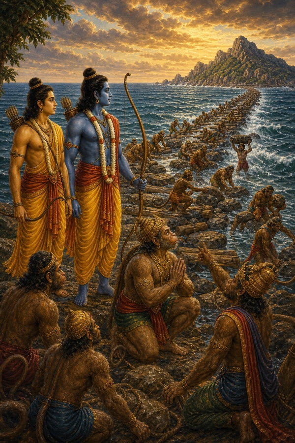 राम और लक्ष्मण तट से दूर द्वीप तक फैलते सेतु को देखते, उस पर काम करते वानर।
