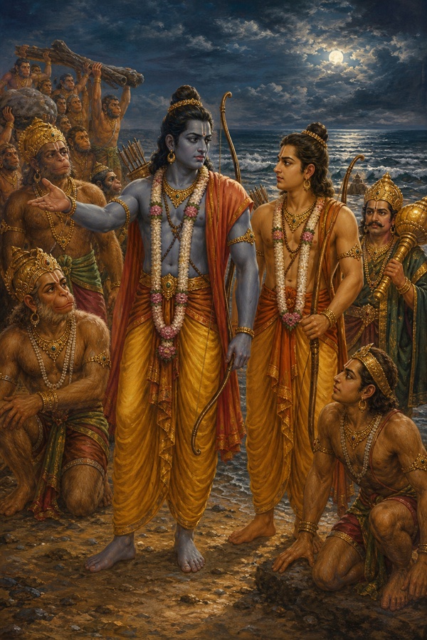 चांदनी रात में समुद्र तट पर लक्ष्मण से बात करते हुए बांह फैलाए खड़े राम, चारों ओर वानर।