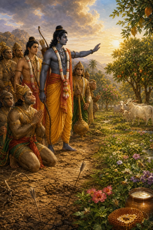सूखी धरती की ओर हाथ बढ़ाकर आशीर्वाद देते राम, सामने फूल, गौएं और मधु के छत्ते।
