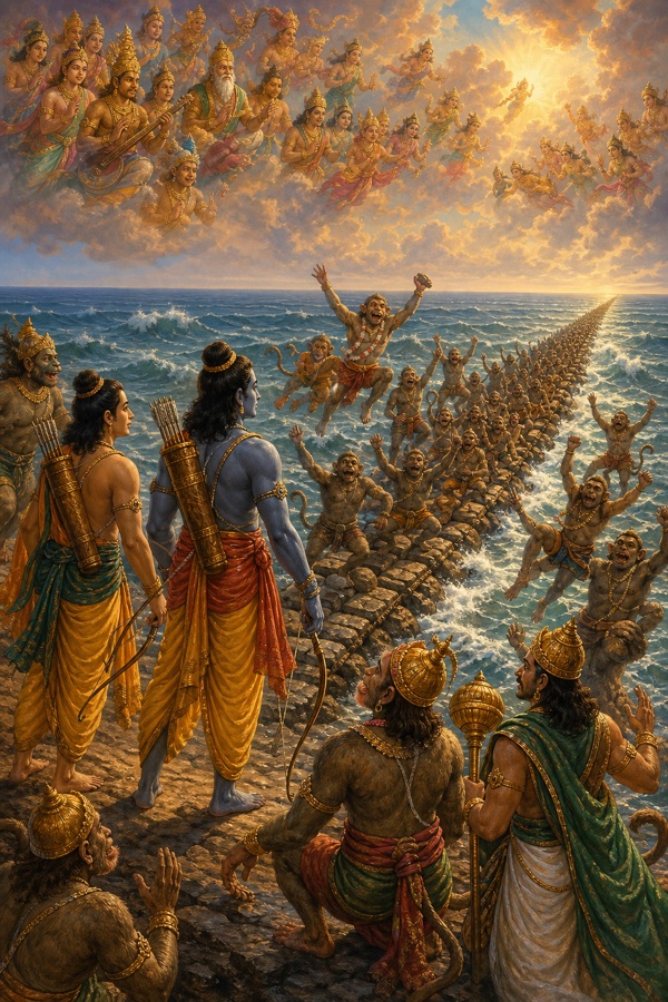 क्षितिज तक फैले पूरे सेतु पर आनंद से उछलते वानर, बादलों से निहारते देवता, आगे राम।