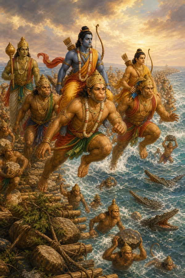 सेतु पार करते हुए हनुमान के कंधों पर राम, दूसरे वानर के कंधों पर लक्ष्मण, संग सेना।