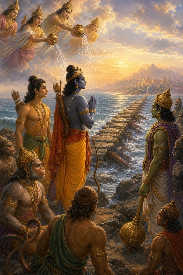 सेतु के आरंभ पर हाथ जोड़े खड़े राम, आकाश से कलश भरकर जल बरसाती देवियां।
