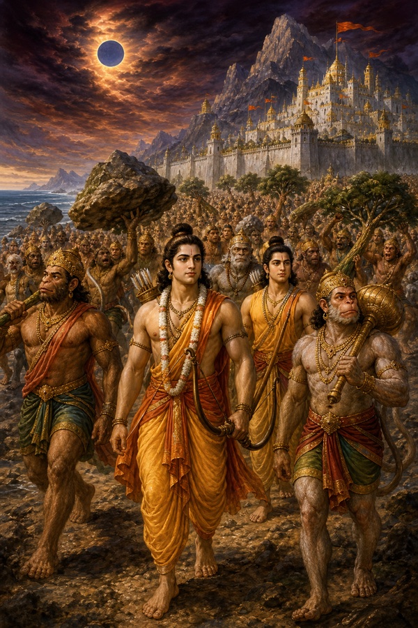 राम, लक्ष्मण और गदाधारी हनुमान वानर सेना संग शिलाएं उठाए लंका के दुर्ग की ओर बढ़ते हुए।