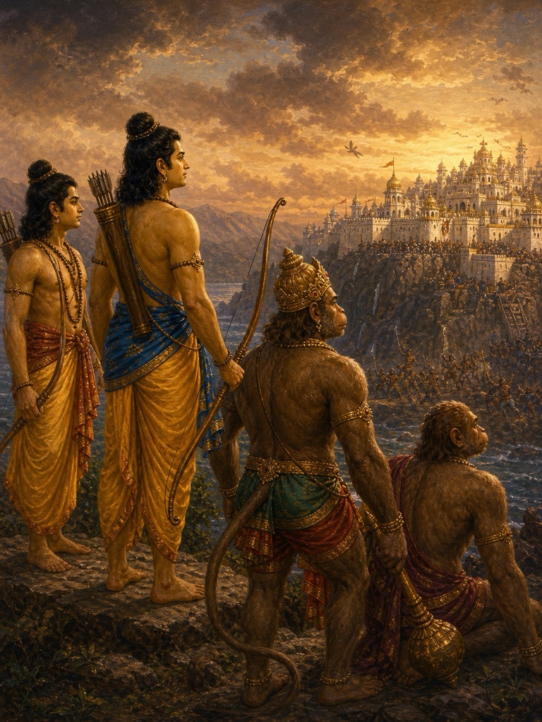 राम और लक्ष्मण चट्टानी शिखर से हनुमान तथा एक वानर संग दूर बसी लंका नगरी निहारते हुए।