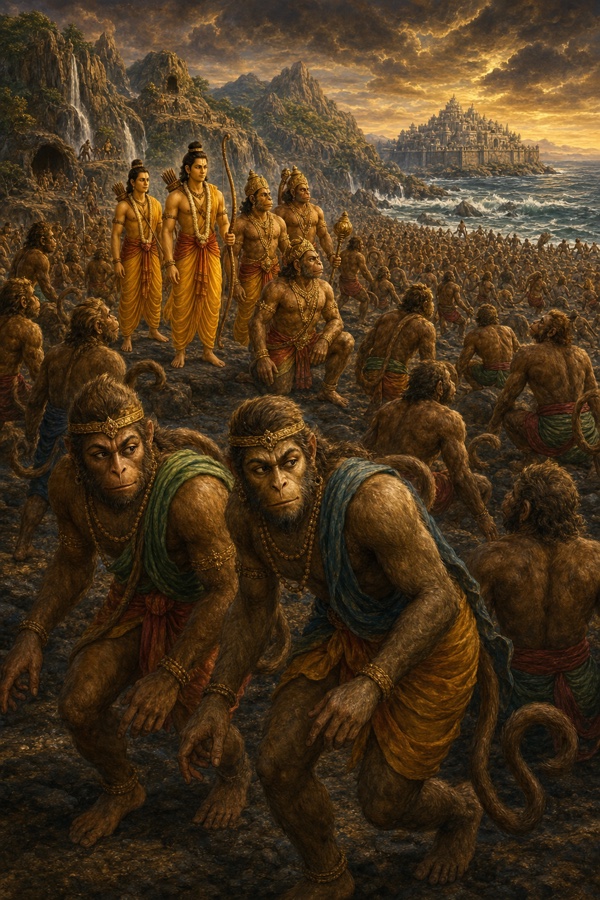 विशाल वानर सेना चट्टानी तट पर लंका की ओर बढ़ती हुई, ऊपर शिला पर राम और लक्ष्मण।