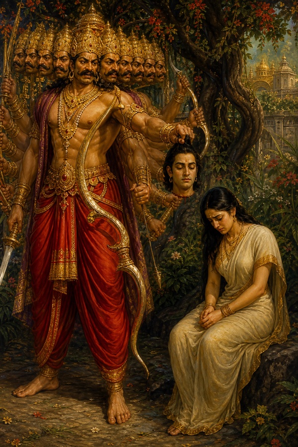 दस सिर वाला रावण शोक में डूबी सीता के आगे राम का मायावी कटा सिर थामे हुए।
