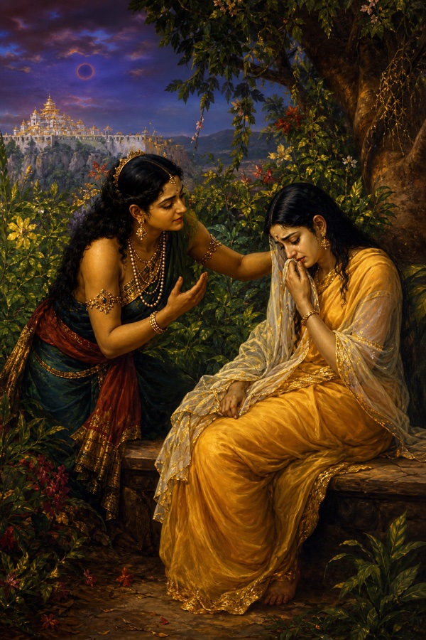 एक स्त्री उपवन में आंसू पोंछती सीता को सांत्वना देती हुई, दूर पहाड़ी पर लंका नगरी।