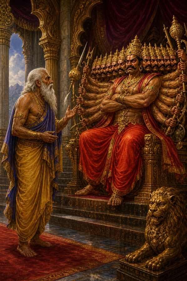 एक वृद्ध श्वेतदाढ़ी मंत्री सिंहासन पर बैठे बहुभुजी दस सिर वाले रावण को समझाते हुए।