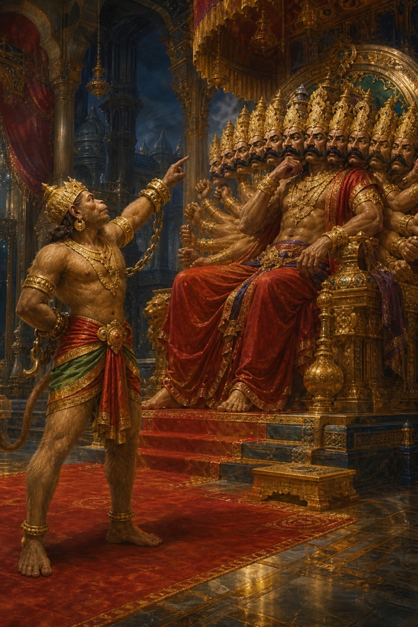दूत बने अंगद रावण की स्वर्ण सभा में हाथ उठाकर दस सिर वाले राक्षसराज को ललकारते हुए।