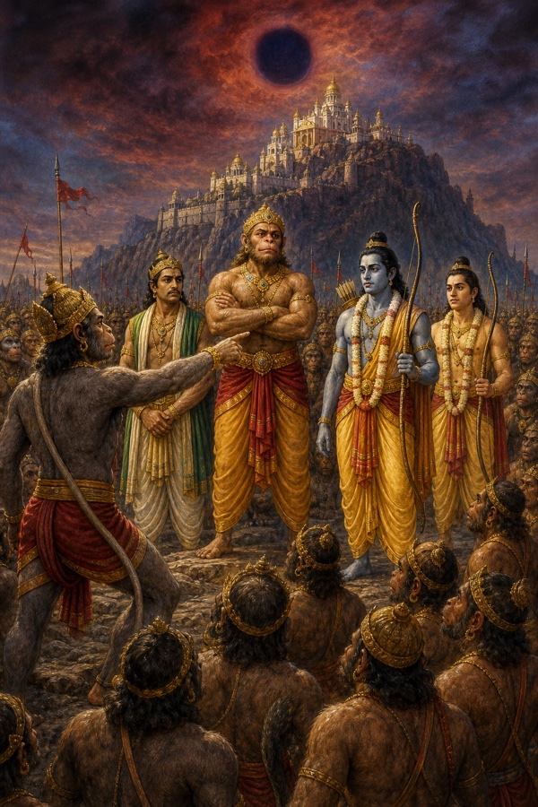श्याम वर्ण राम और लक्ष्मण वानर वीरों संग मंत्रणा करते, एक भूरा वानर हनुमान की ओर संकेत करता हुआ।