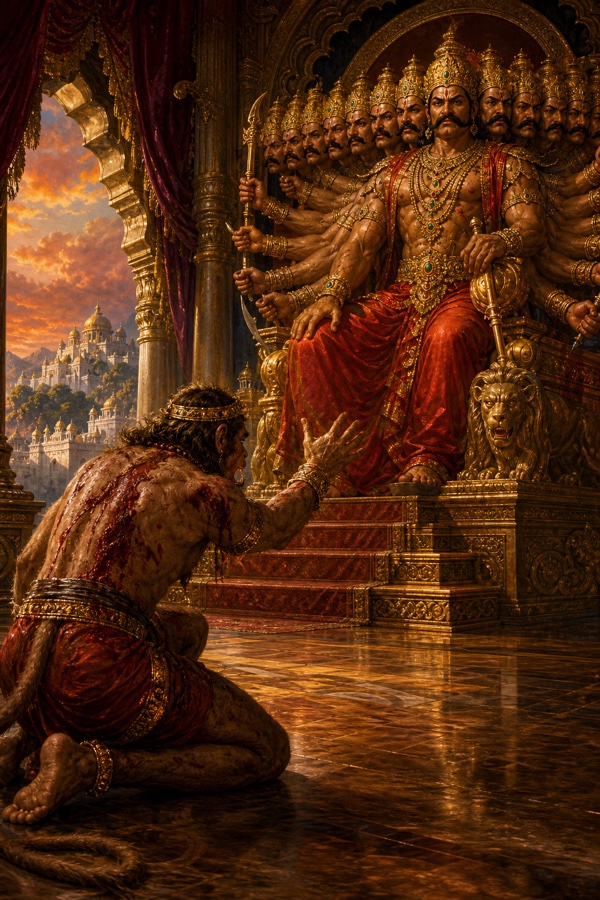 एक घायल रक्तरंजित वानर स्वर्ण सिंहासन पर बैठे दस सिर वाले रावण के आगे घुटनों पर हाथ फैलाए।