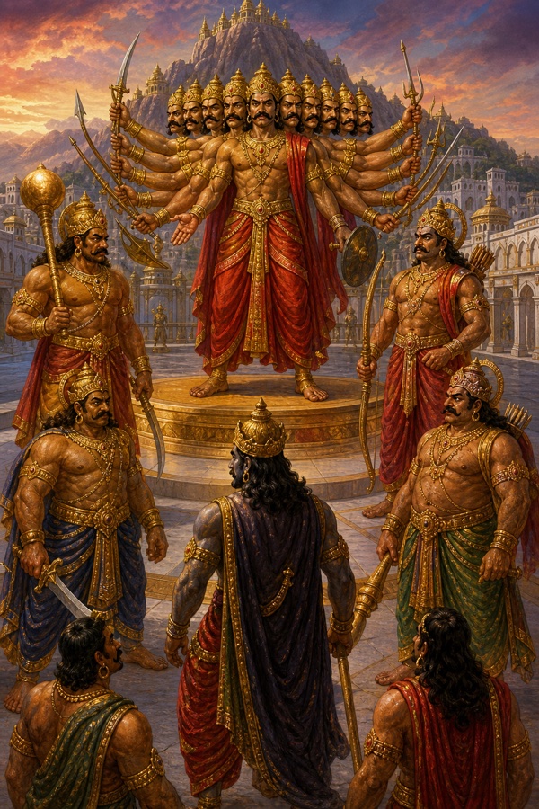 बहुभुजी दस सिर वाला रावण शस्त्र थामे चबूतरे पर खड़ा, चारों ओर मुकुटधारी राक्षस सेनापति।