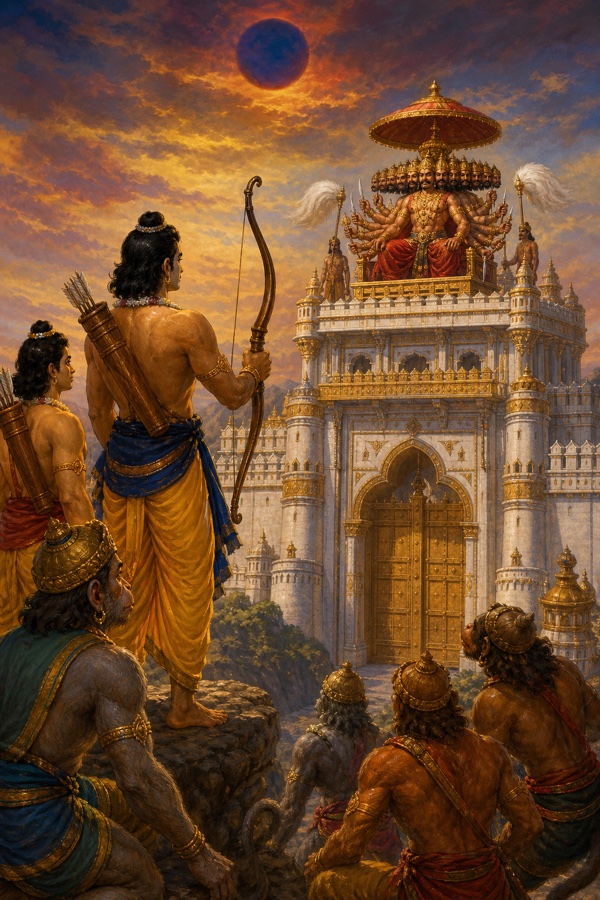 राम धनुष संभाले लंका के द्वार पर छत्र तले बैठे रावण को देखते, संग लक्ष्मण और वानर।