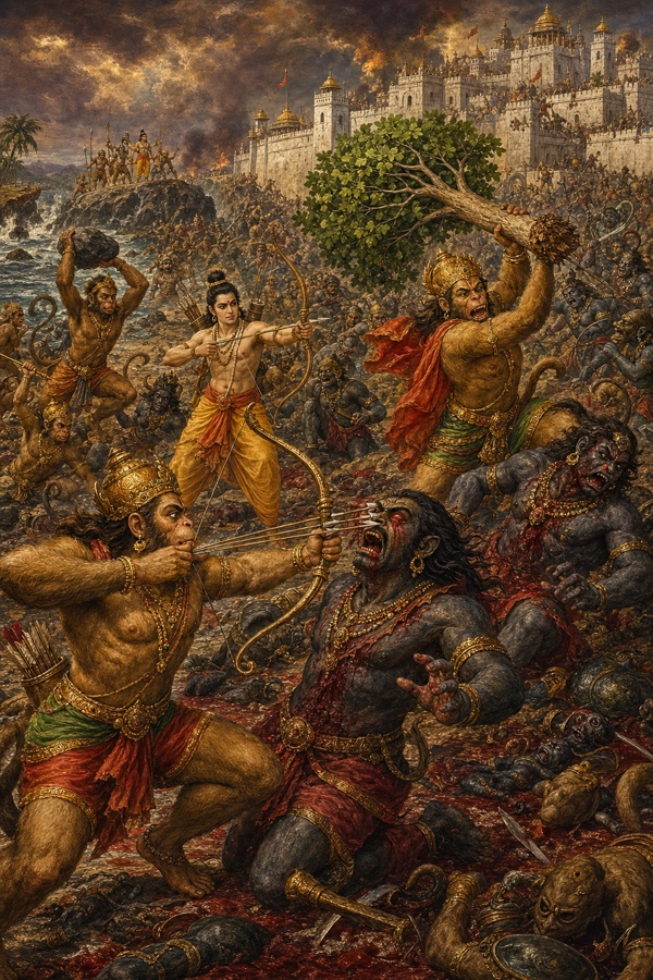 राम बाण चलाते और वानर वीर वृक्ष-शिलाएं लिए लंका की प्राचीर के आगे राक्षस सेना से लड़ते हुए।